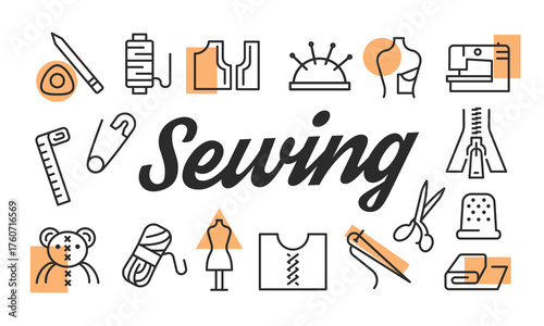 Sewing poster. Sewing banner design with tailoring icons. Needle, Scissors, Yarn, Pin Cushion, Zipper icons. Simple poster for presentations, covers. Banner template. Vector illustration.