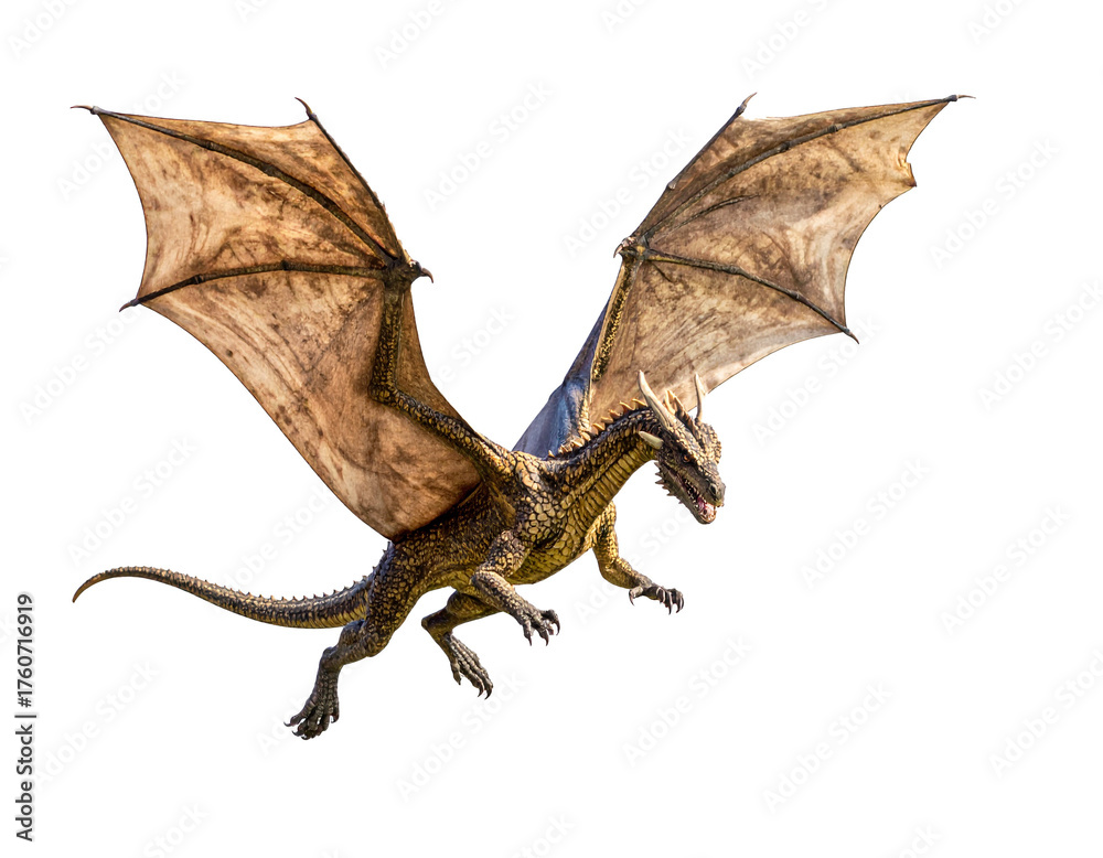 Fototapeta premium Fantasy-Drachen isoliert auf Weiß – Freisteller mit transparentem Hintergrund, mystisches Fabelwesen 