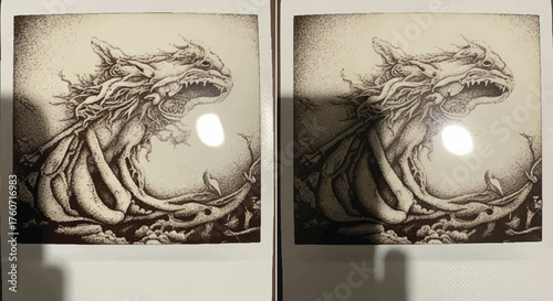 An intricate hand-drawn illustration of a mythical dragon monster emerging from the depths. This vintage-style fantasy art features detailed line work