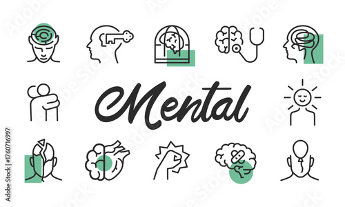 Mental health poster. Mental health banner design with therapy icons. Brain, Head, Support, Hug, Emotions icons. Simple poster for presentations, covers. Banner template. Vector illustration.