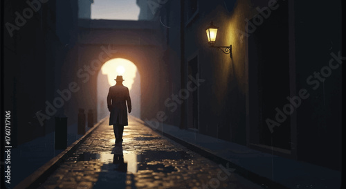 Lone Figure Walking Through Narrow Street Towards Light