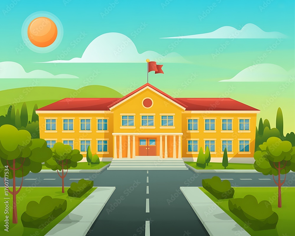 Naklejka premium Bright sunny day at a cheerful yellow school building with green landscape