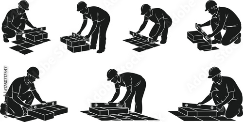Black and White Icon Set of Construction Workers Pouring Liquid Material, Laborers Applying Mortar or Sealing Compound for Foundation and Leveling Work, Industrial Vector Silhouettes.