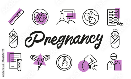 Pregnancy poster. Pregnancy banner design with maternity icons. Test, Baby, Uterus, Belly, Doctor icons. Simple poster for presentations, covers. Banner template. Vector illustration.
