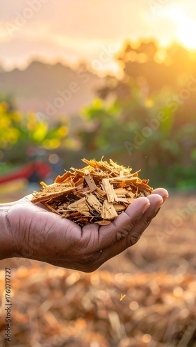 Hand holding tobacco leaves in a field at sunset, agriculture concept.