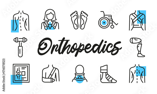 Orthopedics poster. Orthopedics banner design with medical icons. Spine, Bones, Wheelchair, Doctor, Brace icons. Simple poster for presentations, covers. Banner template. Vector illustration.