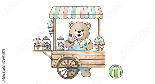 Ein niedlicher Teddybär verkauft Eis am Straßenkarren.
