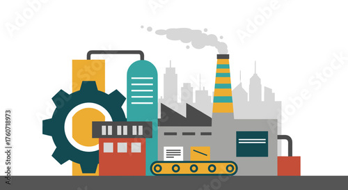 Factory and industrial production illustration with machinery and cityscape background