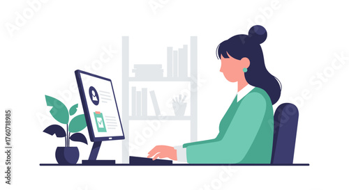 Professional woman working on computer at office desk reviewing digital documents