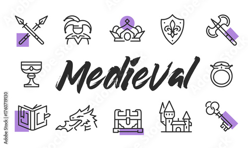 Medieval poster. Medieval banner design with historical icons. Sword, Crown, Shield, Castle, Dragon icons. Simple poster for presentations, covers. Banner template. Vector illustration.
