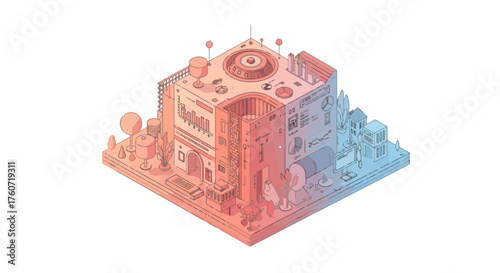 Isometric illustration of a futuristic building with modern design