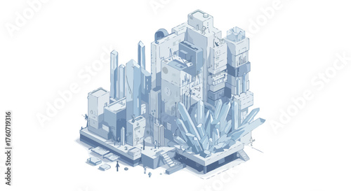 Isometric City Illustration with Crystals Modern Architectural Design
