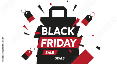 Black Friday sale banner with shopping bag and price tags Great deals concept