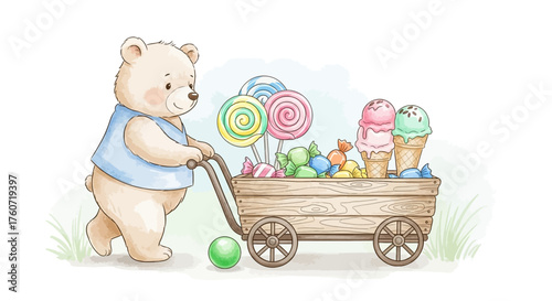 Ein niedlicher Bär mit einem Wagen voller Süßigkeiten.