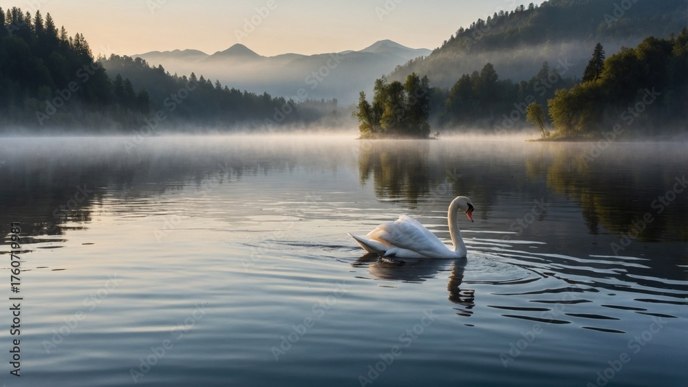 Naklejka premium Serene swan gliding across a misty lake at dawn, surrounded by lush mountains and tranquil reflections
