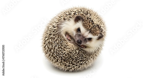 Cute hedgehog curled up, isolated on white background, realistic fur texture.
