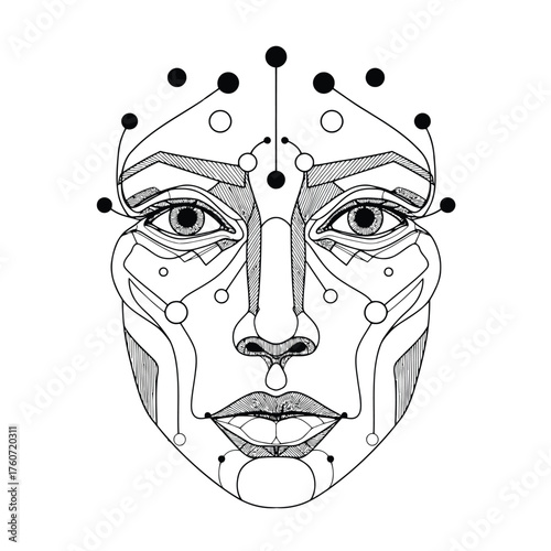 Abstract geometric face with futuristic cyberpunk elements