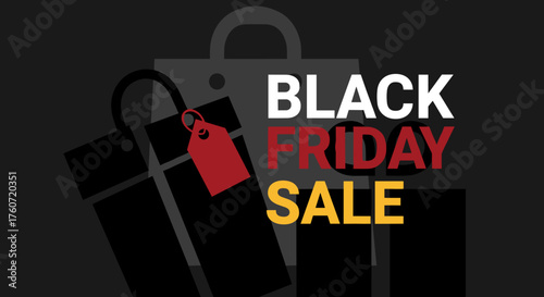 Black Friday Sale graphic featuring shopping bags and a red discount tag on a dark promotional background