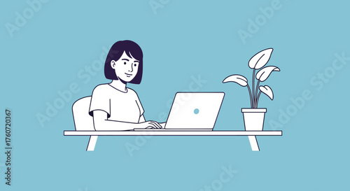 Happy woman working on a laptop at a minimal desk Remote business freelance or education concept