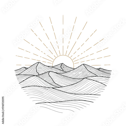 Minimalist desert landscape with sunburst and rolling dunes