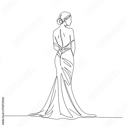 Elegant woman in a flowing gown drawn in continuous line art style