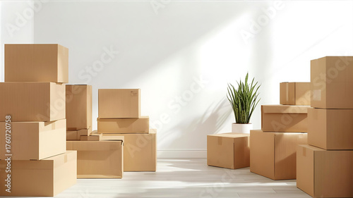 白く明るい空間に段ボール箱の荷物、引っ越しの明るいイメージ