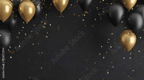 a bunch of black and gold balloons with confetti