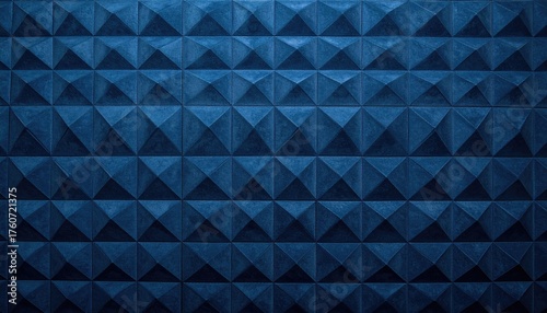 Blue pyramidal foam wall texture, repeating pattern with even lighting creating a geometric, modern abstract look