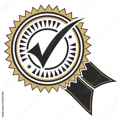 Gold and black quality seal with check mark and ribbon design for approval or certification symbol use