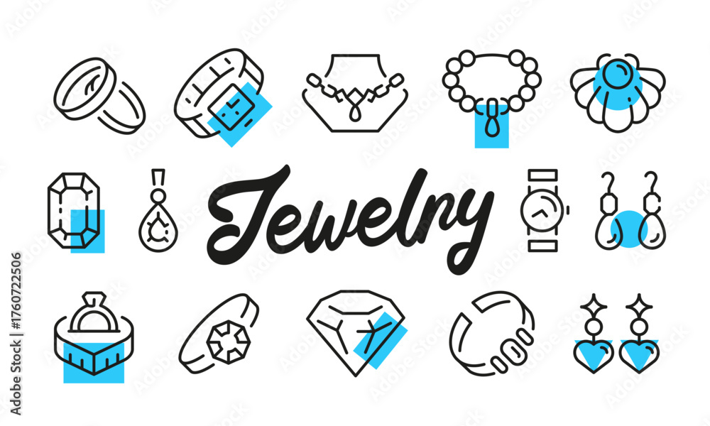 Fototapeta premium Jewelry poster. Jewelry banner design with accessory icons. Ring, Diamond, Necklace, Earrings, Watch icons. Simple poster for presentations, covers. Banner template. Vector illustration.