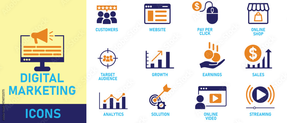 Obraz premium digital marketing icon set including seo, email marketing, website, blogs, mobile marketing, sales, content, online shop, advertising, social media, e commerce, product etc. vector eps icons