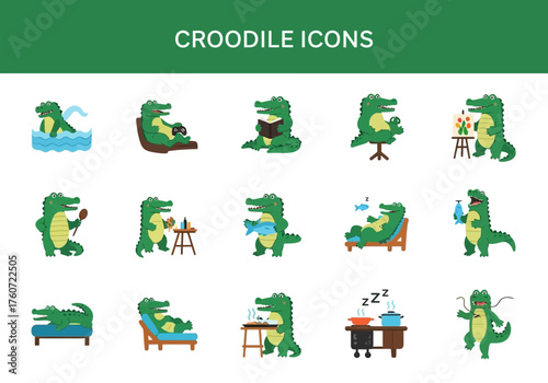 Set of cartoon crocodile icons in various daily activities and poses.
