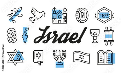 Israel poster. Israel banner design with cultural icons. Star, Map, Menorah, Temple, Torah icons. Simple poster for presentations, covers. Banner template. Vector illustration.