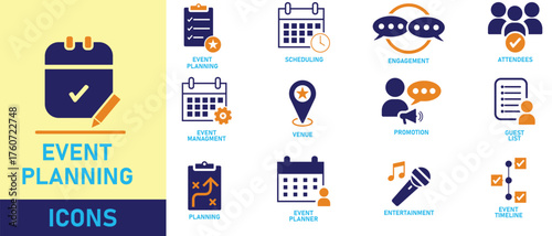 Event planning icon set. Icons in linear style collection. Containing decorations, venue, event planner, registration, entertainment, catering, invitations, coordination and more. Vector illustration