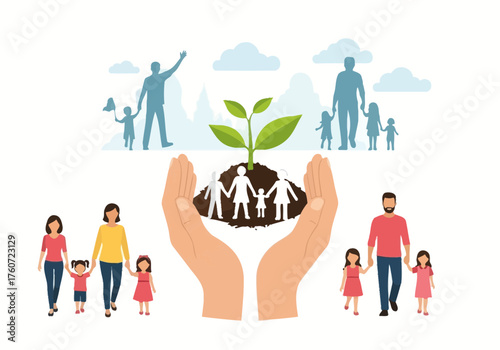 People around a globe representing global community cooperation and environmental responsibility