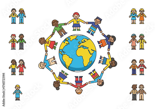 People connected around globe illustration representing global community network