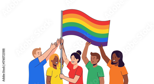 People raising a rainbow flag symbolizing diversity inclusion and acceptance