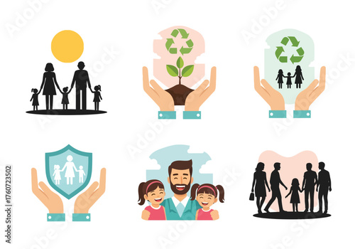 Set of colorful hand icons illustrating protection and growth concepts