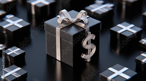 a black gift box with a silver ribbon and a dollar sign