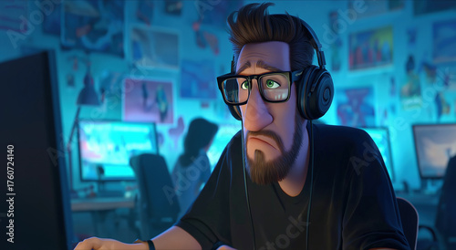 Wallpaper Mural Stressed IT Support Agent with Headset in Blue Call Center Torontodigital.ca