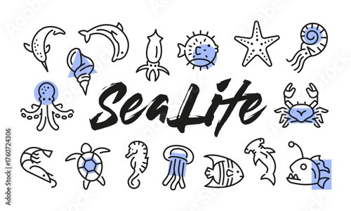 Sea life poster. Sea life banner design with marine icons. Dolphin, Octopus, Crab, Turtle, Jellyfish icons. Simple poster for presentations, covers. Banner template. Vector illustration.