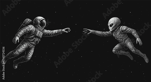Black and white dotwork vector illustration of an astronaut and an alien flying toward each other in outer space, symbolizing first contact between humanity and extraterrestrial civilization