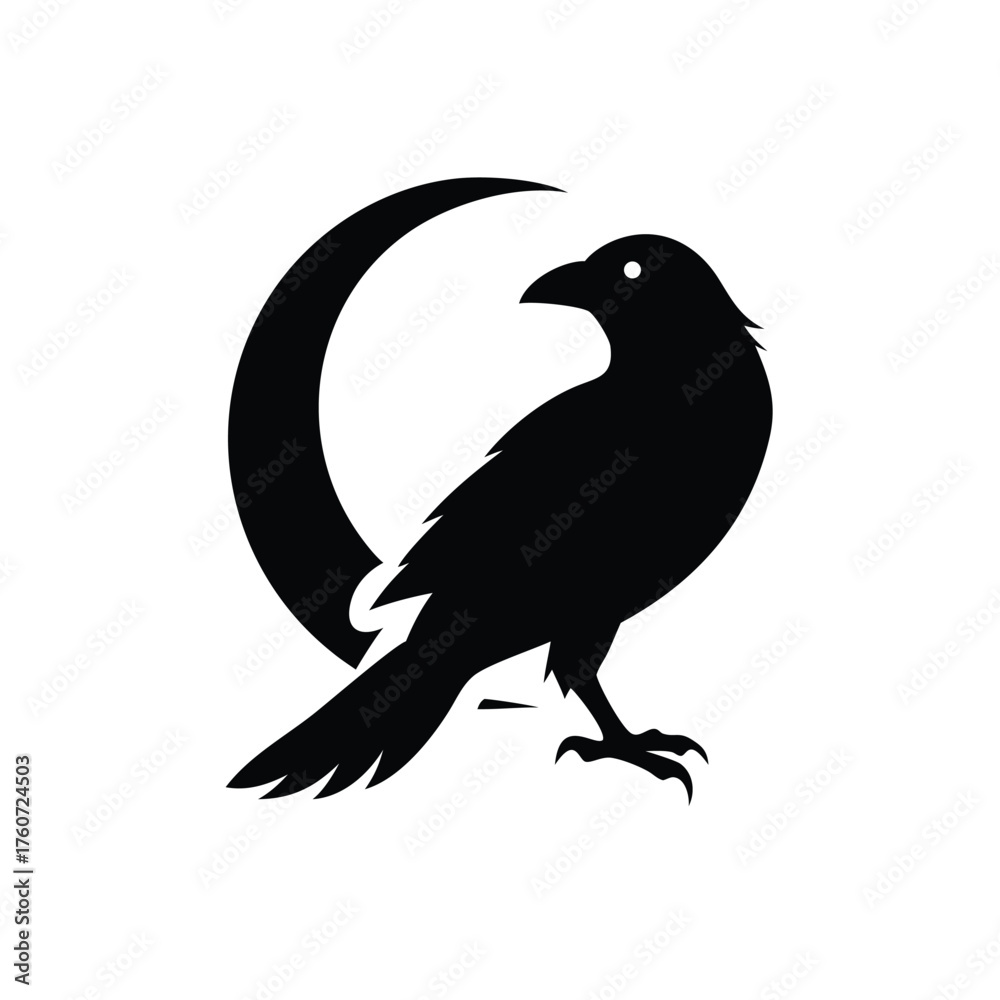 Fototapeta premium Gothic raven flying near moon in mysterious dark fantasy Vector illustration