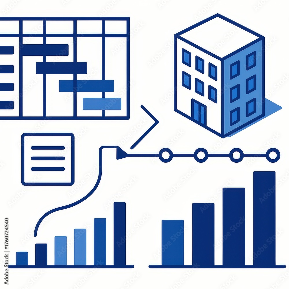 Obraz premium Visualizing economic progress through data analytics and workflow optimization with financial charts illustrating building growth metrics and strategic planning methodologies