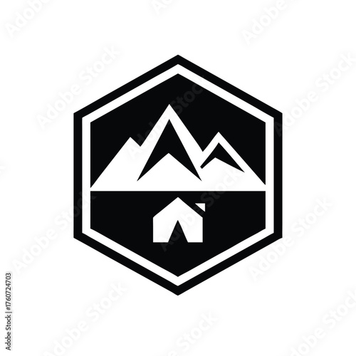 Mountain and camping tent badge design symbolizing outdoor adventure Vector illustration