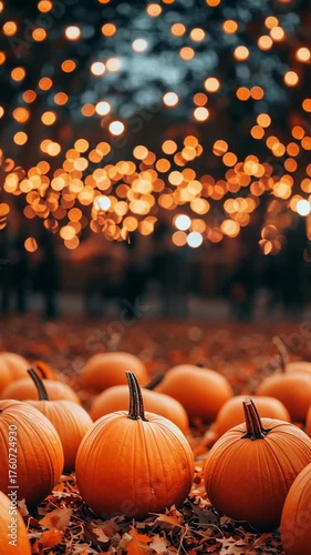 Many orange pumpkins displayed on colorful fall leaves The dark background is illuminated by numerous glowing orange