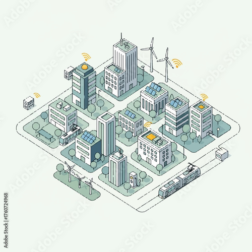 Modern smart city illustration depicting sustainable urban development with renewable energy and connectivity