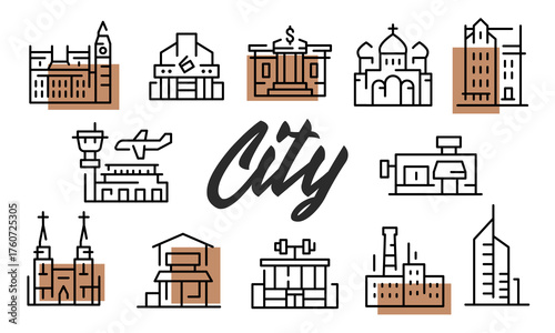 City poster. City poster design with Government, Church, Skyscraper, House, and Airport icons. Simple poster for presentations, covers. Banner template. Vector illustration.