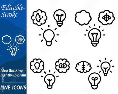 Idea thinking lightbulb brain set line icon. Designed in a clean modern flat or outline style with smooth curves and balanced proportions. Ideal for use in brainstorming education design thinking.