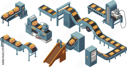 Isometric 3D illustration of automated conveyor belt system with cardboard boxes in modern warehouse logistics, packaging, and industrial production process